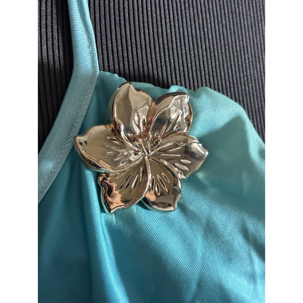 Peppermayo Teal Blue Backless Strapless Cowl Neck Crop Gold Embellished Size M - Picture 2 of 11